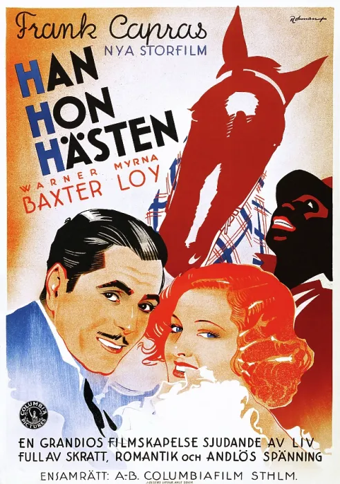 Framed Print : BROADWAY BILL, (aka HAN HON HASTEN), Swedish poster, from left: Warner Baxter, Myrna Loy, Clarence Muse, 1934