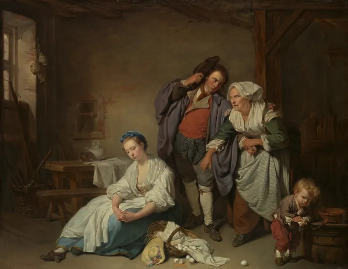 Framed Print : BROKEN EGGS, by Jean-Baptiste Greuze, 1756, French painting, oil on canvas. This work received favorable reviews when shown at the Paris Salon of 1757