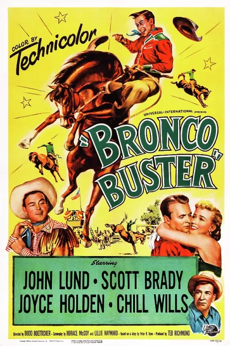 Framed Print : BRONCO BUSTER, US poster art from left, Scott Brady, John Lund, Joyce Holden, Chill Wills, 1952