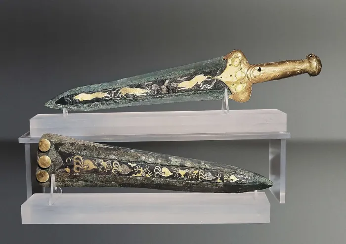 Framed Print : Bronze Dagers Decorated with Gold. 16th C. BC. Mycenaean art. Jewelry. GREECE. Athens. National Museum of Archaeology. Proc: GREECE. Mycenae