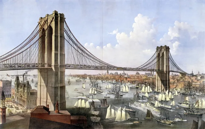 Framed Print : Brooklyn Bridge, The great East River suspension bridge- connecting the cities of New York and Brooklyn, published by Currier & Ives, 1886 Framed Print : Brooklyn Bridge, The great East River suspension bridge- connecting the cities of New York and Brooklyn, published by Currier & Ives, 1886