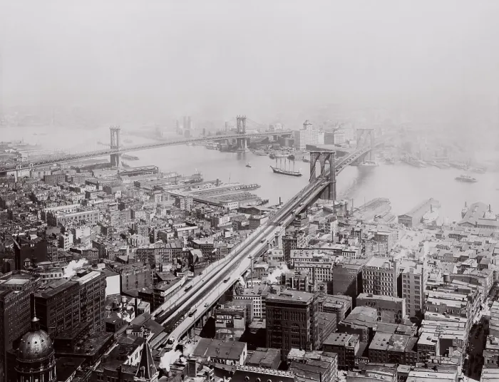 Framed Print : Brooklyn Bridge and Manhattan Bridges distant viewed from a downtown Manhattan skyscraper. 1916 photo by Irving Underhill. LC-USZ62-100106 Framed Print : Brooklyn Bridge and Manhattan Bridges distant viewed from a downtown Manhattan skyscraper. 1916 photo by Irving Underhill. LC-USZ62-100106