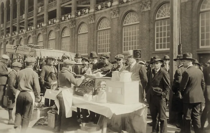Framed Print : Brooklyn Dodgers fans buy hots dogs while waiting for Ebbets Field to open, Oct. 6, 1920 Framed Print : Brooklyn Dodgers fans buy hots dogs while waiting for Ebbets Field to open, Oct. 6, 1920