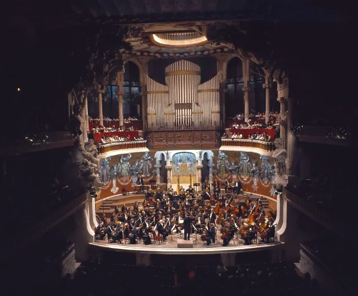 Framed Print : BRU I SALELLES, Llus (1868-1952); DOMENECH I MONTANER, Lluis (1850-1923). Palace of Catalan Music. SPAIN. CATALONIA. Barcelona. Palace of Catalan Music. Stage with the orchestra