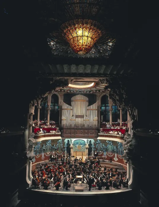 Framed Print : BRU I SALELLES, Llus (1868-1952); DOMENECH I MONTANER, Lluis (1850-1923). Palace of Catalan Music. SPAIN. Barcelona. Palace of Catalan Music. Stage with the orchestra. Modernism