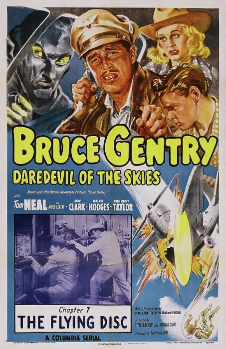 Framed Print : BRUCE GENTRY, (aka BRUCE GENTRY, DAREDEVIL OF THE SKIES), US poster art, top from second left: Tom Neal, Judy Clark, Ralph Hodges; Chapter 7: The Flying Disc, 1949