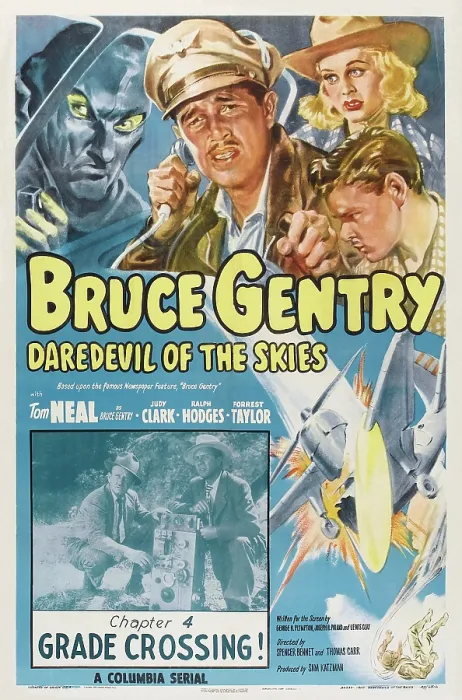 Framed Print : BRUCE GENTRY, (aka BRUCE GENTRY, DAREDEVIL OF THE SKIES), US poster, from left: Tom Neal, Judy Clark, Ralph Hodges in Chapter 4: Grade Crossing!, 1949 Framed Print : BRUCE GENTRY, (aka BRUCE GENTRY, DAREDEVIL OF THE SKIES), US poster, from left: Tom Neal, Judy Clark, Ralph Hodges in Chapter 4: Grade Crossing!, 1949