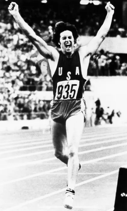 Framed Print : Bruce Jenner just after crossing the finish line to win the Decathlon. He won with a World Record of 8618 points in the 1976 Summer Olympic Games in Montreal. July 1, 1976
