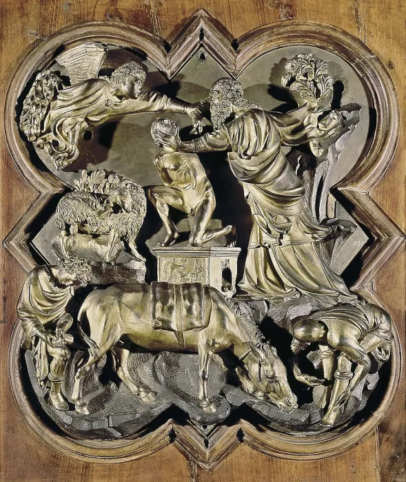 Framed Print : Brunelleschi, Filippo (1377-1446). Sacrifice of Isaac. 1401. Work made for the door of the Florenz Baptistry. Renaissance art. Quattrocento. Relief on bronze. ITALY. Florence