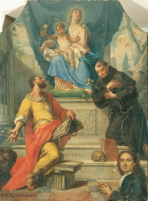 Framed Print : Brusaferro Girolamo, Madonna and Child with Sts Mark and Anthony of Padua, 18th Century, canvas, Italy, Lombardy, Stabello, Bergamo, Parish Church