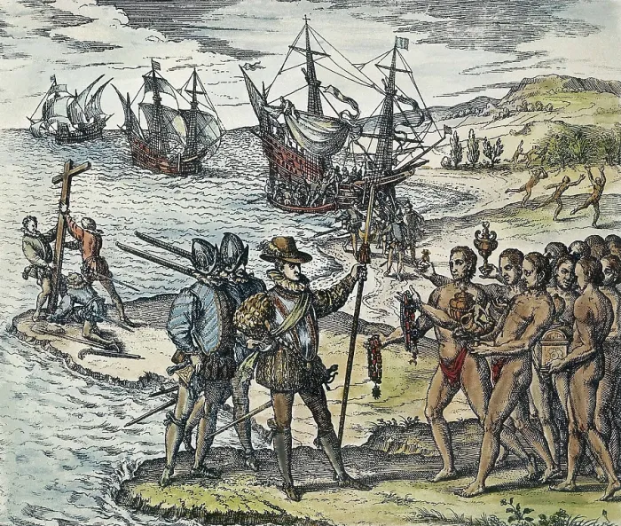 Framed Print : BRY, Theodor de (1528-1598). Columbus Landing in the Indies. 1594. Columbus meets Indians in the Guanahani Island (now San Salvador) or Hispaniola. Xylography