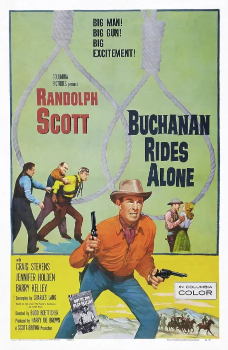 Framed Print : BUCHANAN RIDES ALONE, (aka THE NAME'S BUCHANAN), poster art, center: Randolph Scott, 1958 Framed Print : BUCHANAN RIDES ALONE, (aka THE NAME'S BUCHANAN), poster art, center: Randolph Scott, 1958