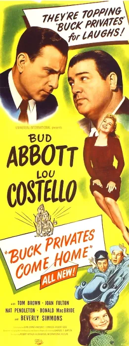 Framed Print : BUCK PRIVATES COME HOME, top from left: Bud Abbott, Lou Costello, right center: Joan Fulton, Lou Costello, Bud Abbott, bottom right: Beverly Simmons, 1947