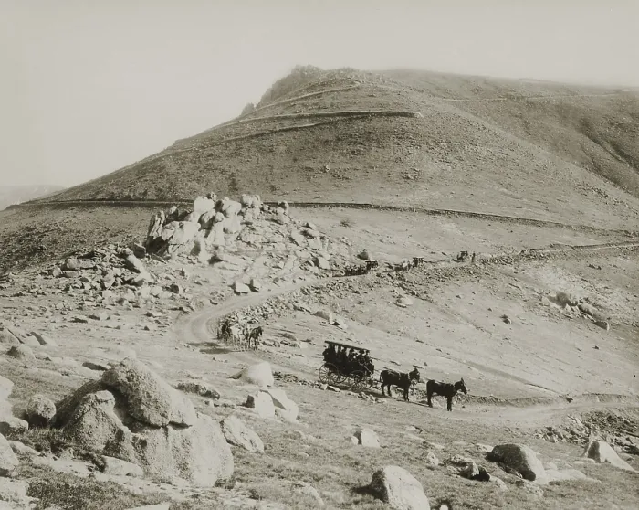 Framed Print : Buckboards and coaches making their way down the zigzagging Pikes Peak carriage road, Colorado, 1911