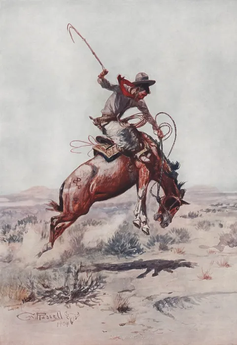 Framed Print : THE BUCKING BRONCO, by Charles Marion Russell. The image is an offset lithographic reproduction of a 1904 painting (BSLOC_2020_1_56)