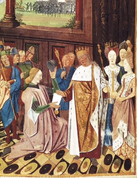 Framed Print : BUEIL, John V of (1406-1477). Charles VIII returned a letter Joan of Arc. Illustration in 'Le Jouvencel' (1461-1466)