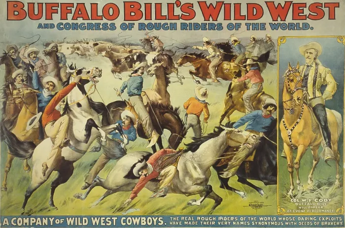 Framed Print : Buffalo Bill's Wild West Show poster showing cowboys rounding up cattle