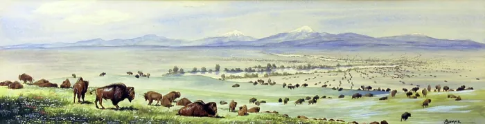 Framed Print : Buffalo Coming to Water. Watercolor painting by EJ Sawyer, circa 1925 Framed Print : Buffalo Coming to Water. Watercolor painting by EJ Sawyer, circa 1925