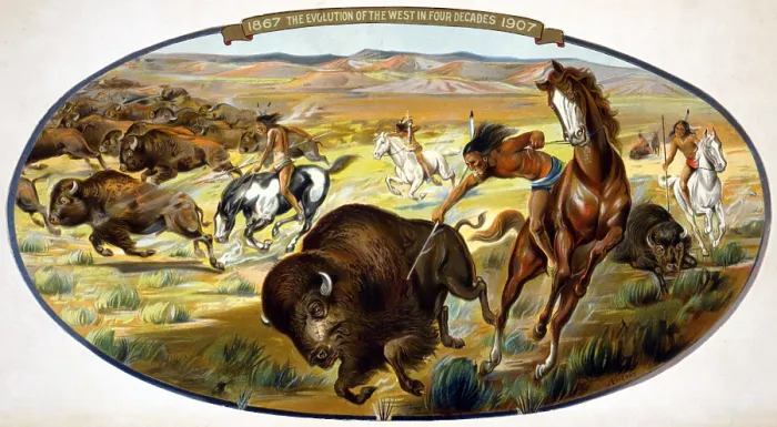 Framed Print : Buffalo hunt. Chromolithograph ca. 1906 Framed Print : Buffalo hunt. Chromolithograph ca. 1906