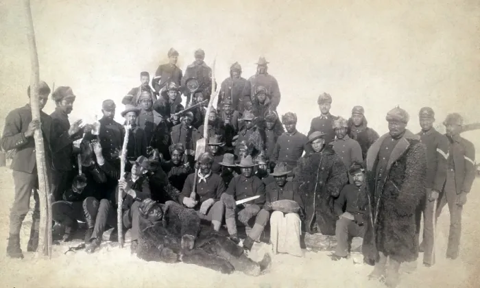 Framed Print : Buffalo soldiers of the 25th Infantry, some wearing buffalo robes, Ft. Keogh, Montana. cabinet card ca. 1890