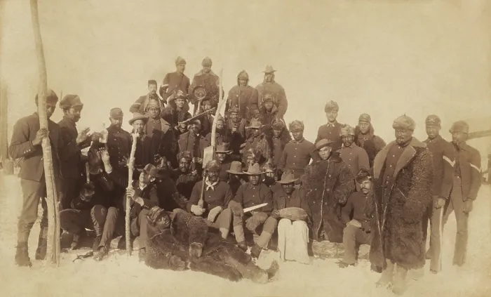 Framed Print : Buffalo soldiers of the 25th Infantry, several wearing buffalo robes, Ft. Keogh, Montana, 1890
