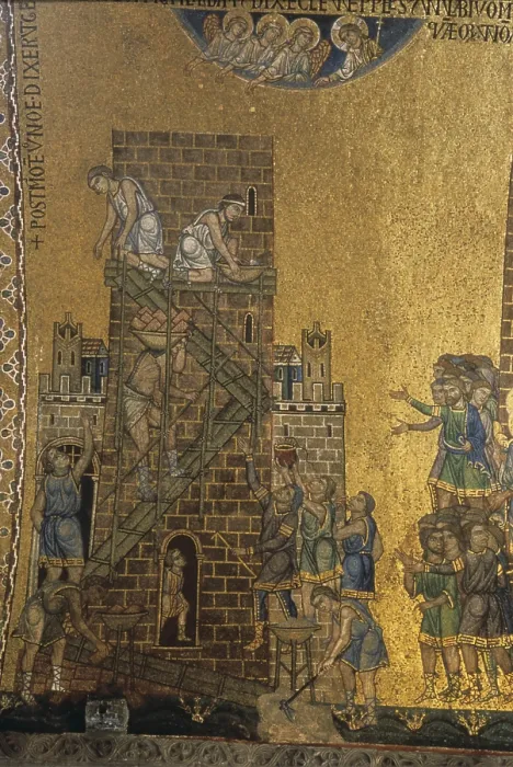 Framed Print : Building of the Tower of Babel, by Unknown Artist, 1215 - 1280, 13th Century, mosaic - Italy, Veneto, Venice, Saint Mark's Basilica. Detail