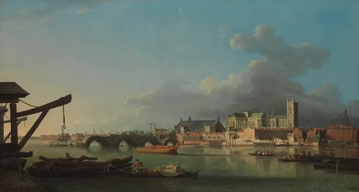 Framed Print : BUILDING OF WESTMINSTER BRIDGE, by Samuel Scott, 1742, British painting, oil on canvas. View of London and the Thames River with the Westminster Bridge under construction