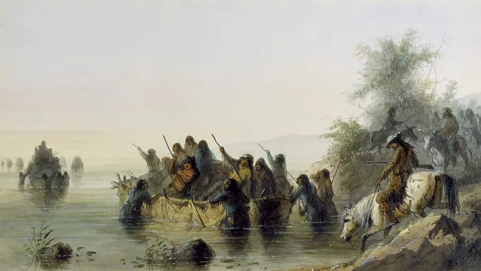 Framed Print : BULL BOATING, 1858-1860, by Alfred Jacob Miller, painting, watercolor on paper. To cross a deep river, wagon covers were stripped