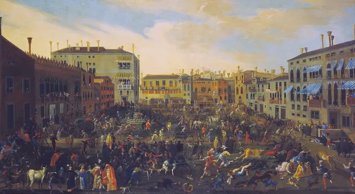 Framed Print : Bull Hunting in Campo San Polo (Caccia ai tori in Campo San Polo), by Joseph Heintz the Younger, 17th Century, oil on canvas, 115 x 205 cm - Whole artwork view Framed Print : Bull Hunting in Campo San Polo (Caccia ai tori in Campo San Polo), by Joseph Heintz the Younger, 17th Century, oil on canvas, 115 x 205 cm - Whole artwork view