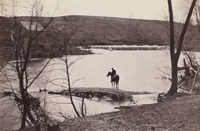 Framed Print : Bull Run River in March 1862, 8 months after the First Battle of Bull Run (First Manassas). A horse and rider stand at wide water, with a low dam in the background Framed Print : Bull Run River in March 1862, 8 months after the First Battle of Bull Run (First Manassas). A horse and rider stand at wide water, with a low dam in the background