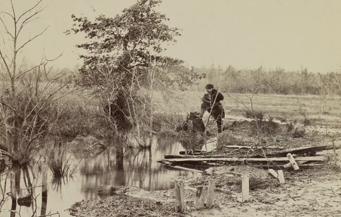 Framed Print : Bull Run River in March 1862, 8 months after the First Battle of Bull Run (First Manassas). In the right foreground are wooden markers of soldiers graves Framed Print : Bull Run River in March 1862, 8 months after the First Battle of Bull Run (First Manassas). In the right foreground are wooden markers of soldiers graves