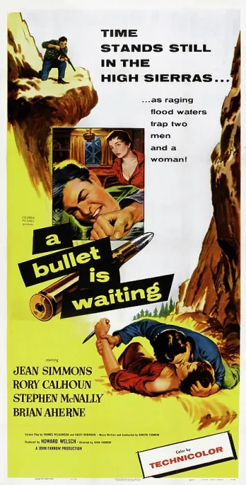 Framed Print : A BULLET IS WAITING, top and bottom l-r: Rory Calhoun, Jean Simmons on poster art, 1954
