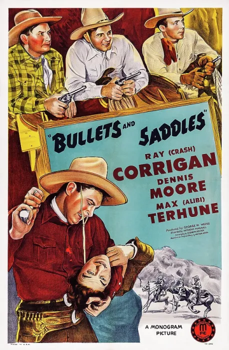 Framed Print : BULLETS AND SADDLES, top l-r: Max Terhune, Ray Crash Corrigan, Dennis Moore, bottom: Ray Crash Corrigan on poster art, 1943