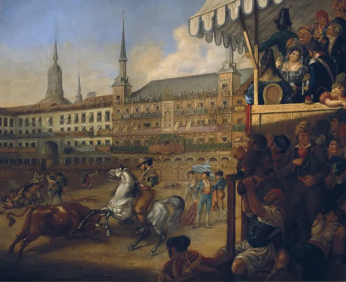 Framed Print : Bullfight in Plaza Mayor bullfighting ring in Madrid. In the background, 'Casa de la Panaderia'. 19th century. Costumbrism. Painting. Private Collection Framed Print : Bullfight in Plaza Mayor bullfighting ring in Madrid. In the background, 'Casa de la Panaderia'. 19th century. Costumbrism. Painting. Private Collection