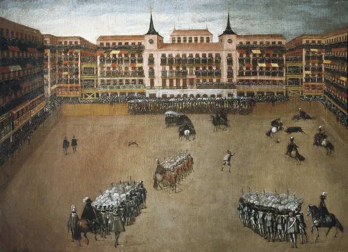 Framed Print : Bullfight in the Plaza Mayor (Main Square) of Madrid presided by Charles II of Spain and Mara Luisa of Orleans on the occasion of his wedding. 17th c. Painting. SPAIN. Madrid