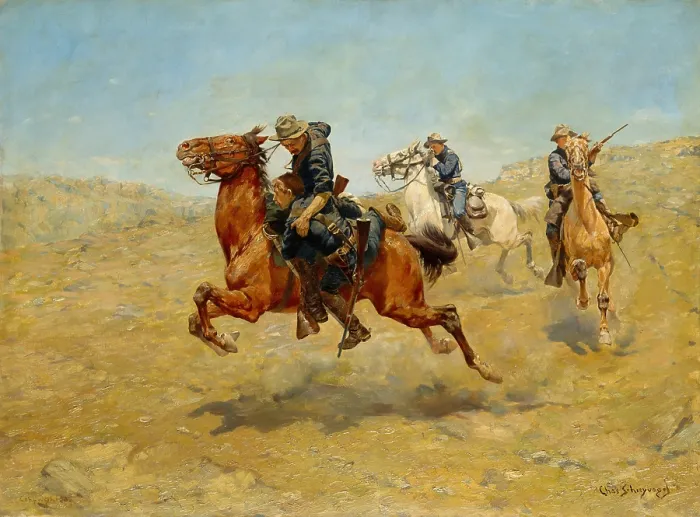 Framed Print : MY BUNKY, by Charles Schreyvogel, 1899, American painting, oil on canvas. In skirmish with unseen Indians, a soldier heroically rescues a bunkmate who lost his house