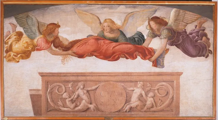 Framed Print : The burial of St Catherine, by Bernardino Luini, 1521 - 1523, 16th Century, fresco transferred to panel, cm 123 x 128 - Italy, Lombardy, Milan, Brera Art Gallery