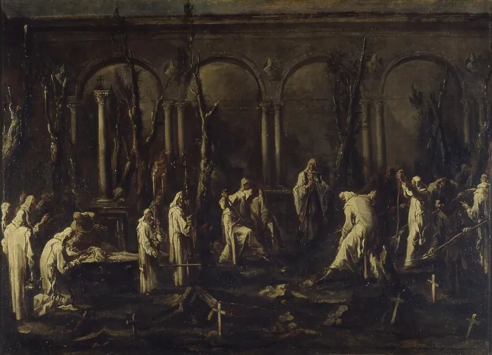 Framed Print : Burial of a Trappist monk (Sepoltura di un frate trappista), by Alessandro Magnasco said Lissandrino, 18th century, oil on canvas, 91 x 129 cm