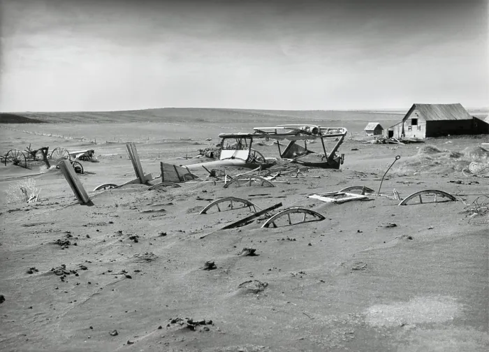 Framed Print : Buried machinery in a barn lot in Dallas, South Dakota in 1936. The Dust Bowl ecological disaster extended from Texas into the Northern Plains and Canada. (BSLOC_2013_8_13)