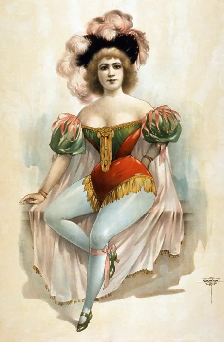 Framed Print : Burlesque chorus girl in her brief costume of blue tights, pink cape with feathers in her hair. 1899