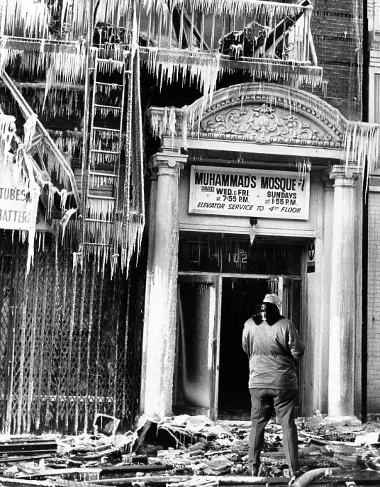 Framed Print : Burned out Nation of Islam Mosque No. 7 in Harlem. Twelve blocks away, the body of assassinated Black Nationalist leader Malcolm X lay in a coffin