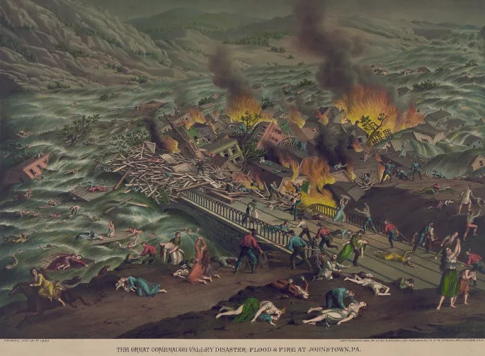 Framed Print : Burning debris blocked by the stone bridge, during the Johnstown Flood, May 31, 1889