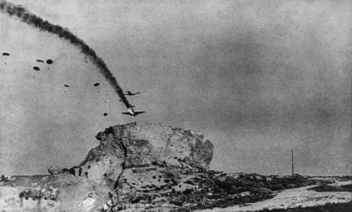 Framed Print : Burning German glider plane about to crash during the Nazi airborne invasion of Crete. World War 2, May 20, 1941. (BSLOC_2013_14_8) Framed Print : Burning German glider plane about to crash during the Nazi airborne invasion of Crete. World War 2, May 20, 1941. (BSLOC_2013_14_8)