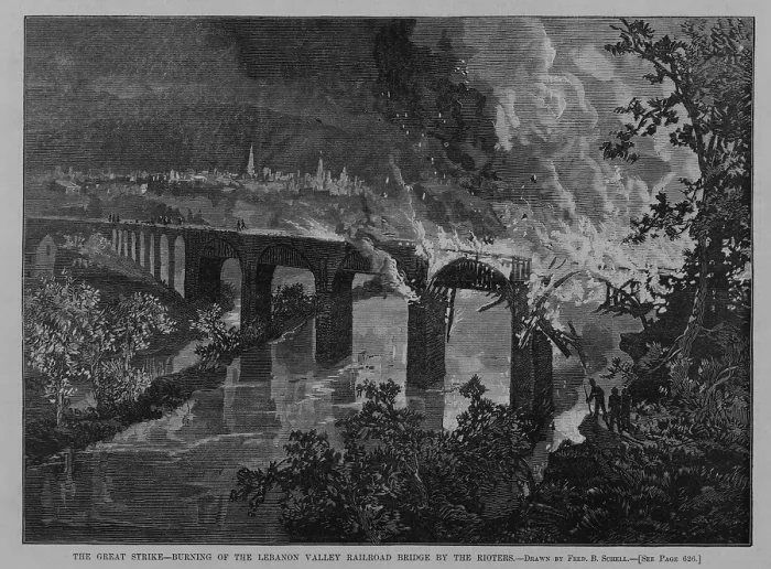 Framed Print : Burning of the Lebanon Valley Bridge, on the Schuylkill River near Reading, Pennsylvania, by rioting strikers on 22 July, during the Great Railroad Strike of 1877 Framed Print : Burning of the Lebanon Valley Bridge, on the Schuylkill River near Reading, Pennsylvania, by rioting strikers on 22 July, during the Great Railroad Strike of 1877
