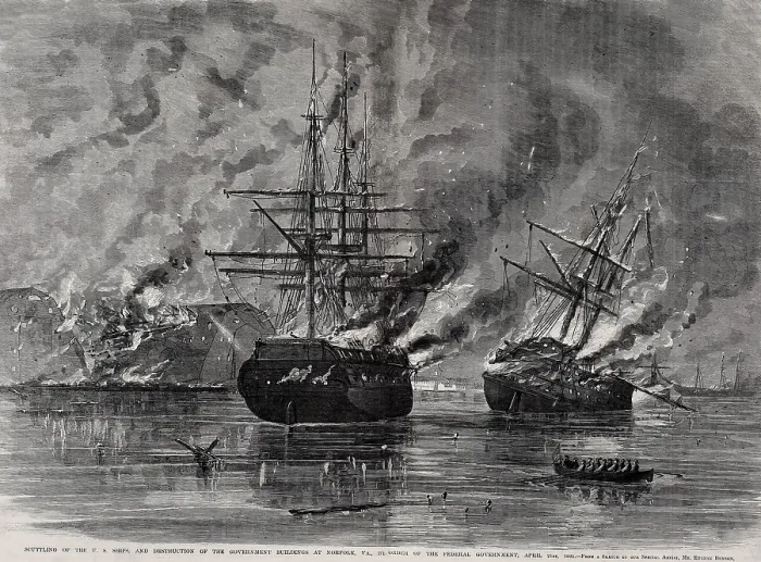 Framed Print : Burning and scuttling of US Ships and buildings at US Navy's Gosport Shipyard, at Norfolk, VA, April 21, 1861. In spite of the fire, Confederates gained 1200 heavy cannons