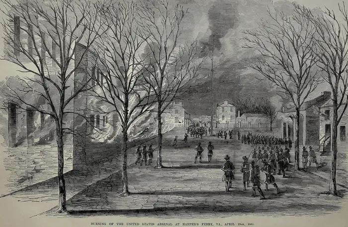 Framed Print : Burning of the United States Arsenal at Harper's Ferry, April 18, 1961. Immediately upon learning that Virginia seceded, Lt