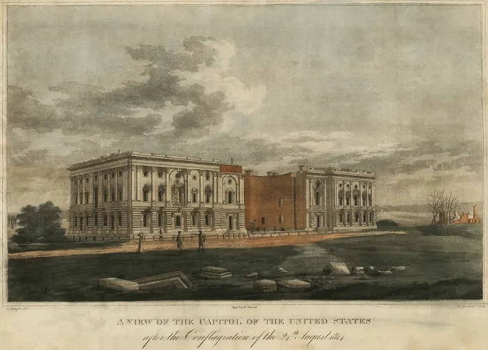 Framed Print : Burnt out Capitol. A view of the US Capitol in the city of Washington after the fires set by the British army August 24 1814. Engraving by William Strickland. Aug. 24 1814