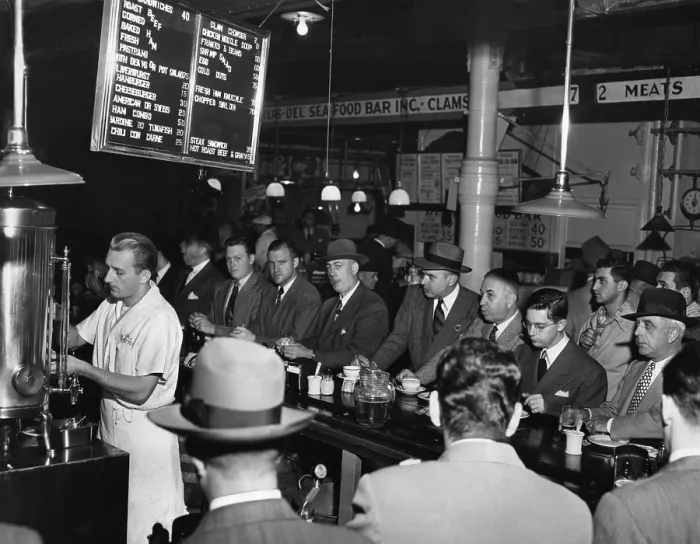 Framed Print : Businessmen eating at Pete's Bar in Washington Market, New York City, 1950. (BSLOC_2015_14_143)
