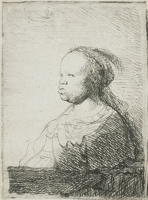 Framed Print : Bust of an African woman, by Rembrandt van Rijn, 1628-32, Dutch print, etching on paper. The woman wears a headscarf with a feather (BSLOC_2016_3_40)