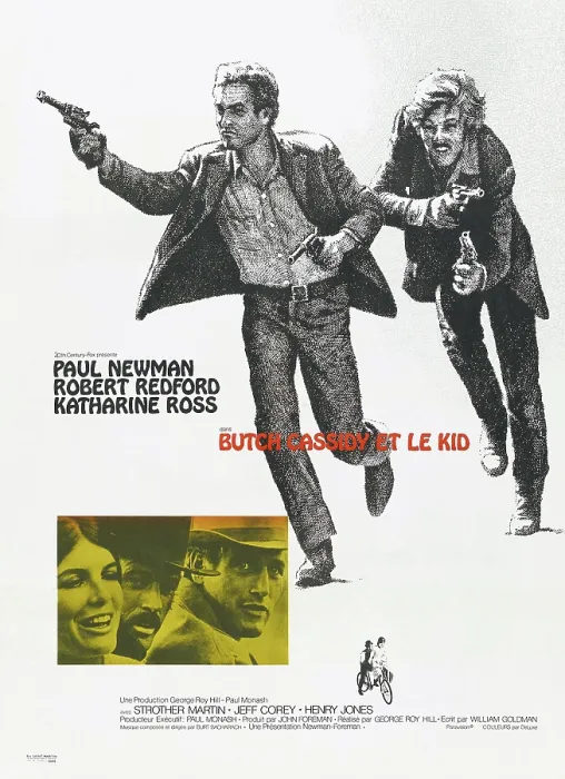 Framed Print : BUTCH CASSIDY AND THE SUNDANCE KID, (aka BUTCH CASSIDY ET LE KID), French poster, from left: Paul Newman, Robert Redford, inset photo: Katharine Ross, Robert Redford, Paul Newman